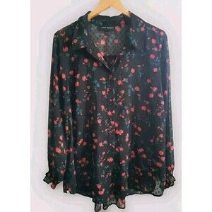 Lane Bryant Floral Swiss Dot Blouse Women’s 18/20 Black  Semi-Sheer Sleeves